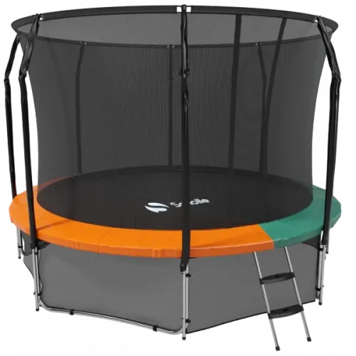 Батут каркасный 420см (14фут), SCHOLLE, с защитной сеткой и лестницей, зеленый/оранжевый