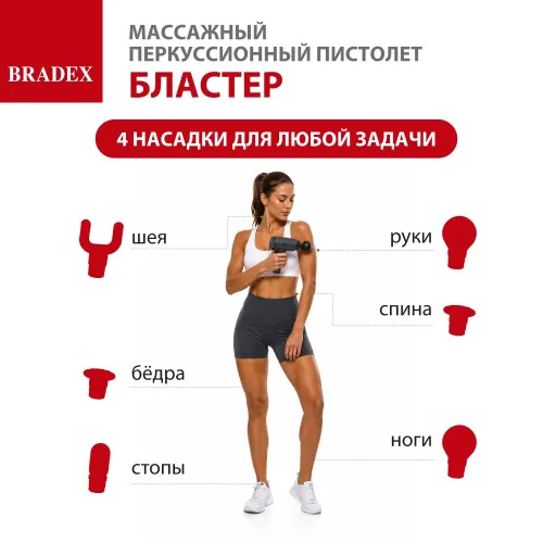 Массажный перкуссионный пистолет БЛАСТЕР, 4 насадки